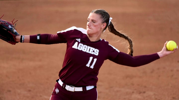 April 15, 2024; Tuscaloosa, AL, USA; Texas A&M pitcher Emiley Kennedy delivers a pitch during the game with Alabama at Rhoads Stadium Monday.
