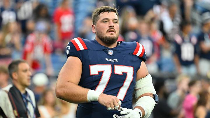 Aug 13, 2026; Foxborough, Massachusetts, USA; New England Patriots center Ben Brown (77) looks on before a game against the Indianapolis Colts at Gillette Stadium. Mandatory Credit: Eric Canha-Imagn Images