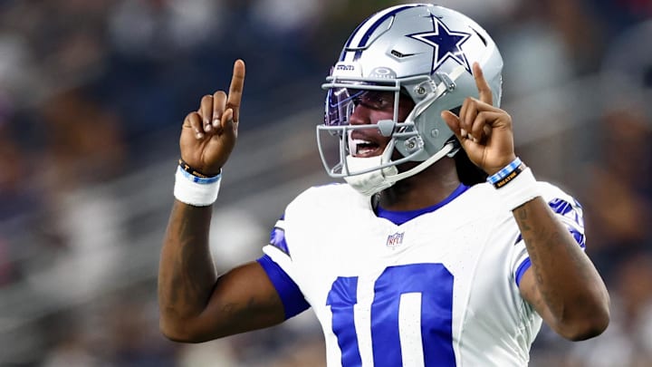 Dallas Cowboys quarterback Joe Milton III (10) reacts during the first half against the Atlanta Falcons at AT&T Stadium.