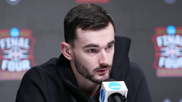 Apr 5, 2026; Indianapolis, IN, USA; UConn's Alex Karaban during a press conference ahead of the Final Four of the men's 2026 NCAA Tournament at Lucas Oil Stadium. Mandatory Credit: Robert Deutsch-Imagn Images