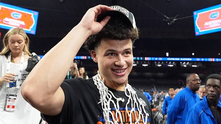 Apr 7, 2025; San Antonio, TX, USA; Florida Gators guard Walter Clayton Jr. (1) celebrates after winning the national championship game of the Final Four of the 2025 NCAA Tournament at the Alamodome. Mandatory Credit: Bob Donnan-Imagn Images