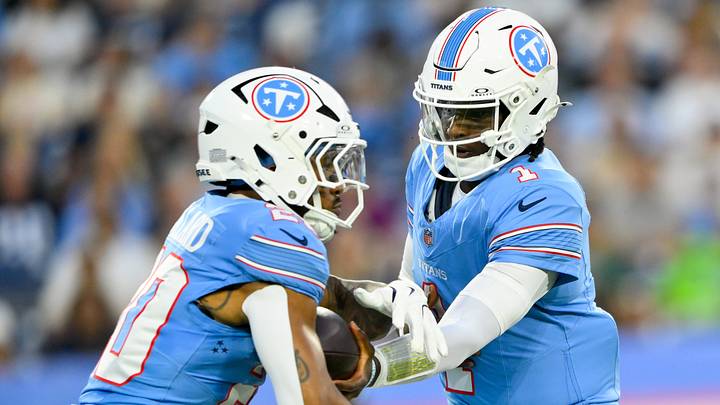 Aug 23, 2026; Nashville, Tennessee, USA; Tennessee Titans quarterback Cam Ward (1) hands the ball off to running back Tony Pollard (20) against the Seattle Seahawks during the first half at Nissan Stadium. Mandatory Credit: Steve Roberts-Imagn Images Aug 23, 2026; Nashville, Tennessee, USA; Tennessee Titans quarterback Cam Ward (1) hands the ball off to running back Tony Pollard (20) against the Seattle Seahawks during the first half at Nissan Stadium. Mandatory Credit: Steve Roberts-Imagn Images