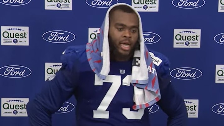 July 29, 2025: New York Giants OL Evan Neal speaks to reporters after a training camp practice. July 29, 2025: New York Giants OL Evan Neal speaks to reporters after a training camp practice.