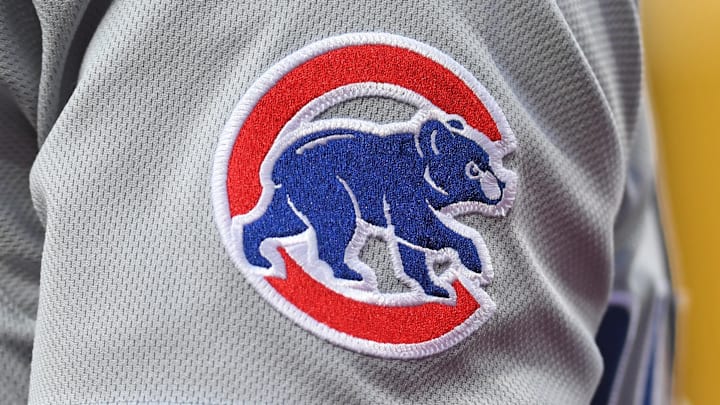 Jun 10, 2025; Philadelphia, Pennsylvania, USA; Chicago Cubs logo on the jersey of third base Matt Shaw (6) against the Philadelphia Phillies at Citizens Bank Park. Mandatory Credit: Eric Hartline-Imagn Images