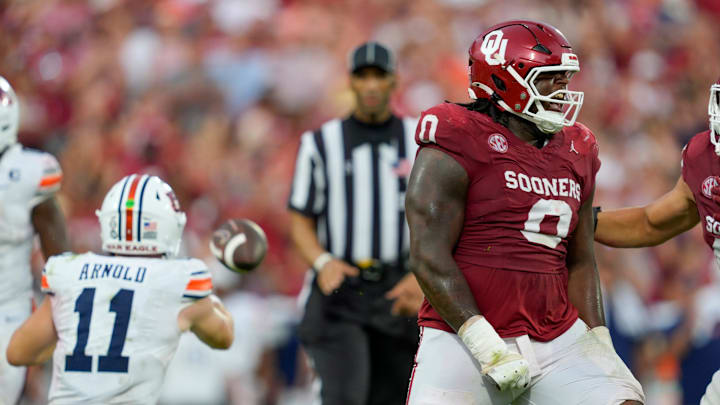 Oklahoma defensive lineman David Stone (0) celebrates after tackling Auburn quarterback Jackson Arnold (11). Oklahoma defensive lineman David Stone (0) celebrates after tackling Auburn quarterback Jackson Arnold (11).