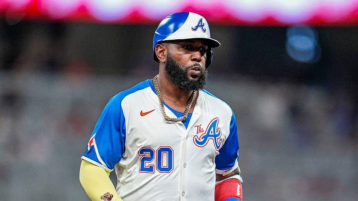Aug 9, 2025; Cumberland, Georgia, USA; Atlanta Braves designated hitter Marcell Ozuna (20) reacts after hitting a home run against the Miami Marlins during the fifth inning at Truist Park. Mandatory Credit: Dale Zanine-Imagn Images Aug 9, 2025; Cumberland, Georgia, USA; Atlanta Braves designated hitter Marcell Ozuna (20) reacts after hitting a home run against the Miami Marlins during the fifth inning at Truist Park. Mandatory Credit: Dale Zanine-Imagn Images