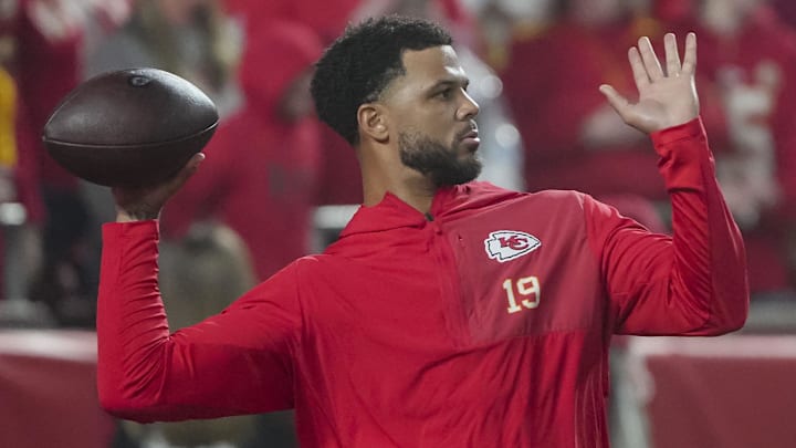 Dec 25, 2025; Kansas City, Missouri, USA; Kansas City Chiefs quarterback Chris Oladokun (19) warms up before the game at GEHA Field at Arrowhead Stadium. Mandatory Credit: Denny Medley-Imagn Images