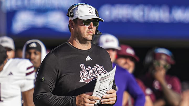 Mississippi State Bulldogs head coach Jeff Lebby on the sidelines against the Georgia Bulldogs at Sanford Stadium.