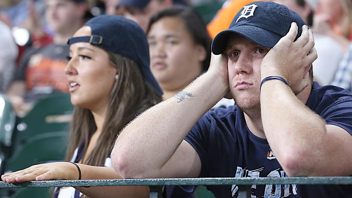 A Detroit Tiger fan reacts as the Houston Astros play the Tigers in the ninth inning at Minute Maid Park. Houston won 1-0.