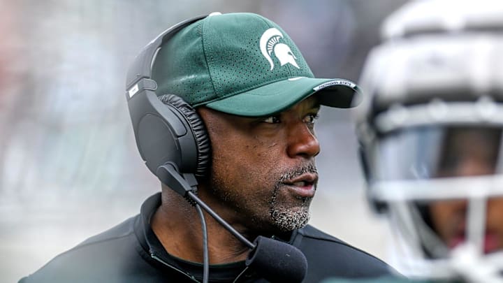 Michigan State's wide receivers coach Courtney Hawkins looks on during the spring game on Saturday, April 16, 2022, at Spartan Stadium in East Lansing.