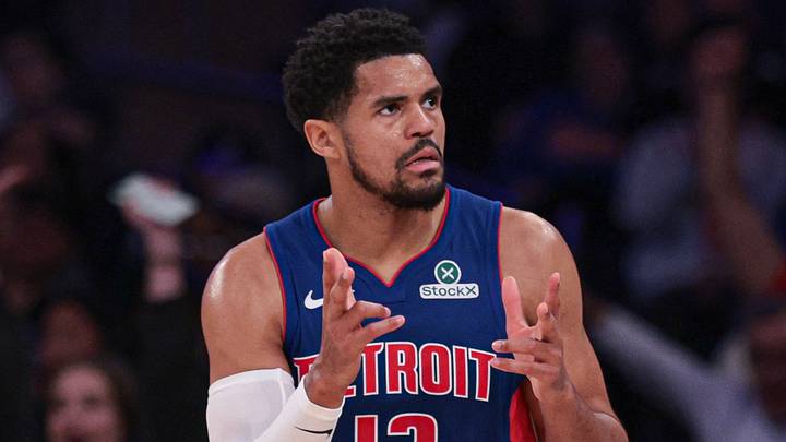 Feb 19, 2026; New York, New York, USA; Detroit Pistons forward Tobias Harris (12) reacts after a basket against the New York Knicks during the first half at Madison Square Garden. Mandatory Credit: Vincent Carchietta-Imagn Images