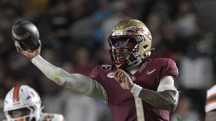 Oct 4, 2025; Tallahassee, Florida, USA; Florida State Seminoles quarterback Tommy Castellanos (1) throws during the second half against the Miami Hurricanes at Doak S. Campbell Stadium. Mandatory Credit: Melina Myers-Imagn Images