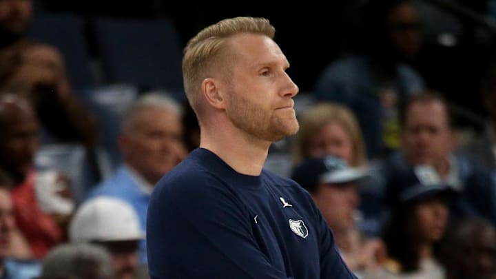 Mar 4, 2026; Memphis, Tennessee, USA; Memphis Grizzlies head coach Tuomas Iisalo looks on during the first quarter against the Portland Trail Blazers at FedExForum. Mandatory Credit: Petre Thomas-Imagn Images