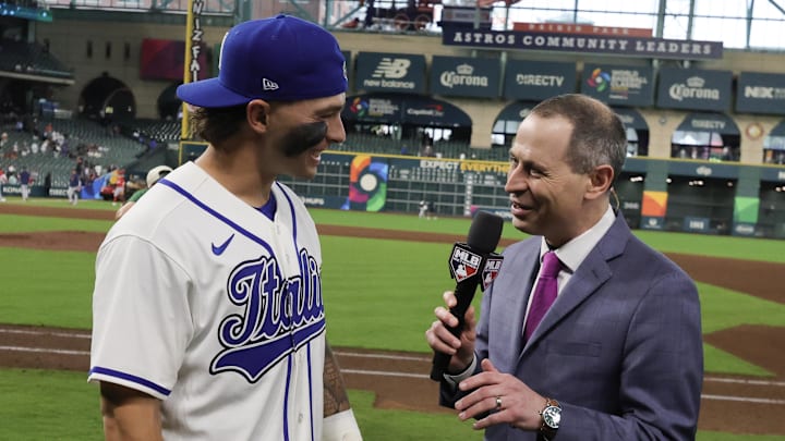 Mar 8, 2026; Houston, TX, United States; Italy third baseman Andrew Fischer (11) is interviewed after defeated Great Britain at Daikin Park. Mandatory Credit: Thomas Shea-Imagn Images