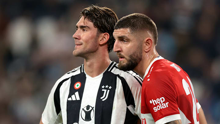 Juventus striker Dusan Vlahovic, left, was man-marked out of last year's Champions League game in Turin by VfB Stuttgart's Jeff Chabot