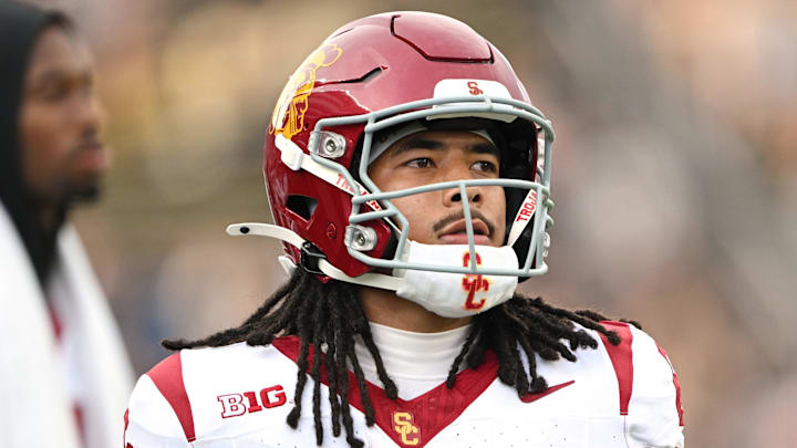Sep 13, 2025; West Lafayette, Indiana, USA; Southern California Trojans wide receiver Makai Lemon (6) warms up before the game against the Purdue Boilermakers at Ross-Ade Stadium. Mandatory Credit: Marc Lebryk-Imagn Images