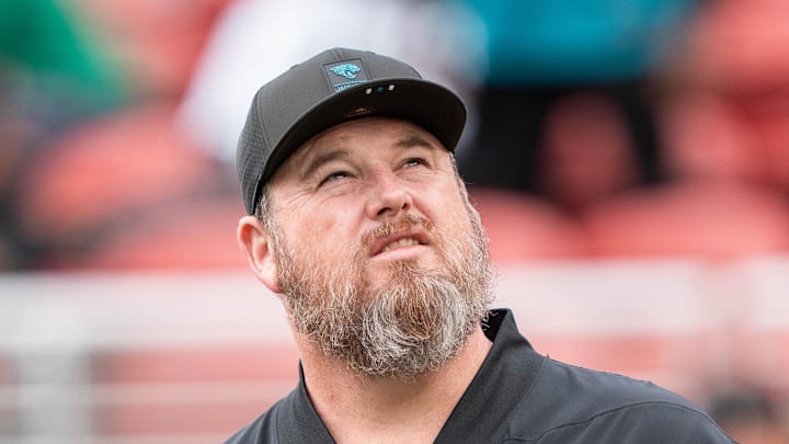 September 28, 2025; Santa Clara, California, USA; Jacksonville Jaguars offensive line coach Shaun Sarrett before the game against the San Francisco 49ers at Levi's Stadium. Mandatory Credit: Kyle Terada-Imagn Images