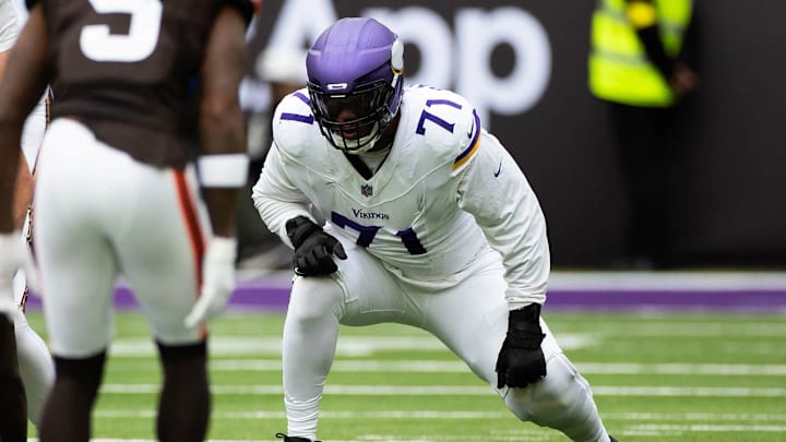 Vikings left tackle Christian Darrisaw (71) lined up against the Browns in London. Vikings left tackle Christian Darrisaw (71) lined up against the Browns in London.