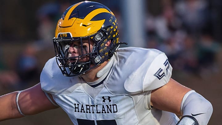 Hartland's William Tobin drops into pass coverage during a loss to Howell Friday, Oct. 4, 2024 in Howell, Michigan. Hartland's William Tobin drops into pass coverage during a loss to Howell Friday, Oct. 4, 2024 in Howell, Michigan.