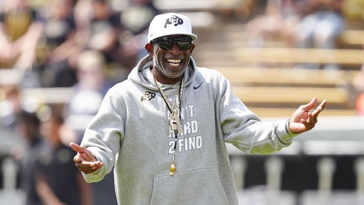 Sep 6, 2025; Boulder, Colorado, USA; Colorado Buffaloes head coach Deion Sanders before the game against the Delaware Fightin Blue Hens at Folsom Field. Mandatory Credit: Ron Chenoy-Imagn Images Sep 6, 2025; Boulder, Colorado, USA; Colorado Buffaloes head coach Deion Sanders before the game against the Delaware Fightin Blue Hens at Folsom Field. Mandatory Credit: Ron Chenoy-Imagn Images