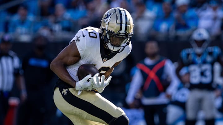 Nov 3, 2024; Charlotte, North Carolina, USA; New Orleans Saints wide receiver Marquez Valdes-Scantling (10) makes the catch against the Carolina Panthers during the third quarter at Bank of America Stadium. Mandatory Credit: Scott Kinser-Imagn Images Nov 3, 2024; Charlotte, North Carolina, USA; New Orleans Saints wide receiver Marquez Valdes-Scantling (10) makes the catch against the Carolina Panthers during the third quarter at Bank of America Stadium. Mandatory Credit: Scott Kinser-Imagn Images