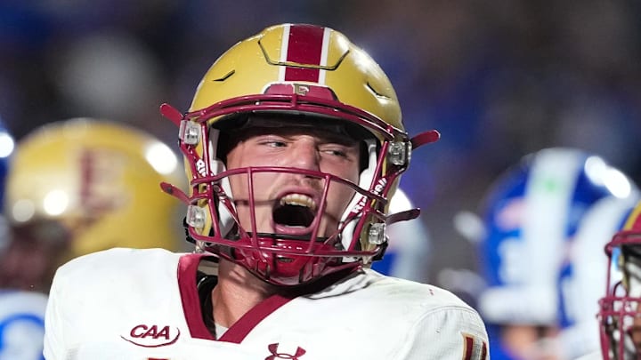Aug 28, 2025; Durham, North Carolina, USA;  Elon Phoenix quarterback Landen Clark (11) celebrates his touchdown run against the Duke Blue Devils during the first half at Wallace Wade Stadium