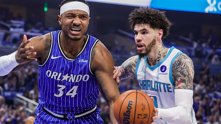 Apr 17, 2026; Orlando, Florida, USA; Orlando Magic center Wendell Carter Jr. (34) reacts during the first quarter against the Charlotte Hornets during the play-in rounds of the 2026 NBA Playoffs at Kia Center. Mandatory Credit: Mike Watters-Imagn Images