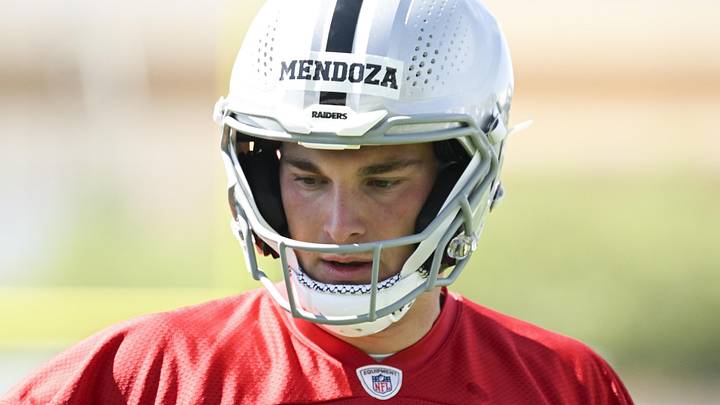 May 2, 2026; Henderson, NV, USA;  Las Vegas Raiders quarterback Fernando Mendoza (15) runs through a drill during a Rookie Minicamp at Intermountain Health Performance Center. Mandatory Credit: Candice Ward-Imagn Images