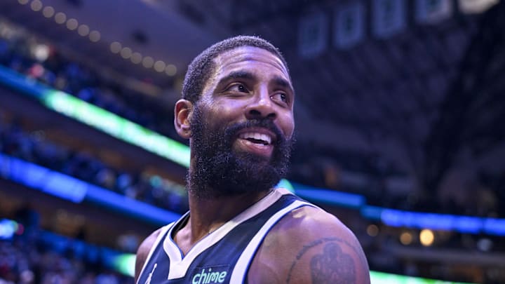 Feb 12, 2025; Dallas, Texas, USA; Dallas Mavericks guard Kyrie Irving (11) after the game between the Dallas Mavericks and the Golden State Warriors at the American Airlines Center. Mandatory Credit: Jerome Miron-Imagn Images Feb 12, 2025; Dallas, Texas, USA; Dallas Mavericks guard Kyrie Irving (11) after the game between the Dallas Mavericks and the Golden State Warriors at the American Airlines Center. Mandatory Credit: Jerome Miron-Imagn Images