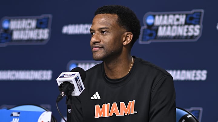 Mar 19, 2026; St. Louis, MO, USA; Miami (FL) Hurricanes head coach Jai Lucas talks to the media during a practice session ahead of the first round of the men's 2026 NCAA Tournament at Enterprise Center. Mandatory Credit: Jeff Le-Imagn Images