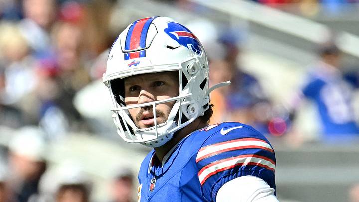 Oct 4, 2026; Orchard Park, New York, USA;  Buffalo Bills quarterback Josh Allen #17 looks on during the first quarter against the New England Patriots at New Highmark Stadium.  Mandatory Credit: Mark Konezny-Imagn Images