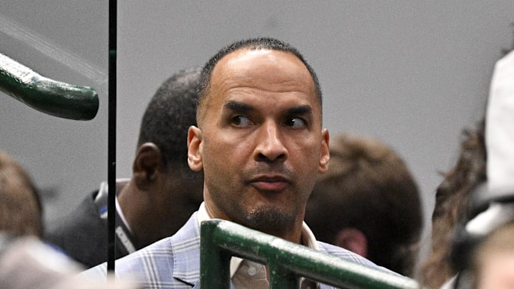 Apr 9, 2025; Dallas, Texas, USA; Dallas Mavericks general manager Nico Harrison during the game between the Dallas Mavericks and the Los Angeles Lakers at American Airlines Center. Mandatory Credit: Jerome Miron-Imagn Images