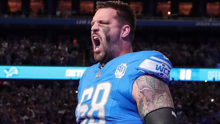Detroit Lions offensive tackle Taylor Decker (68) takes the field during the introduction before the Detroit Lions and Carolina Panthers at Ford Field in Detroit on Sunday, Oct. 8, 2023.