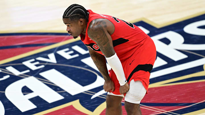 Apr 20, 2026; Cleveland, Ohio, USA; Toronto Raptors guard Jamal Shead (23) reacts during the second half during game two of the first round of the 2026 NBA Playoffs against the Cleveland Cavaliers at Rocket Arena. Mandatory Credit: David Dermer-Imagn Images