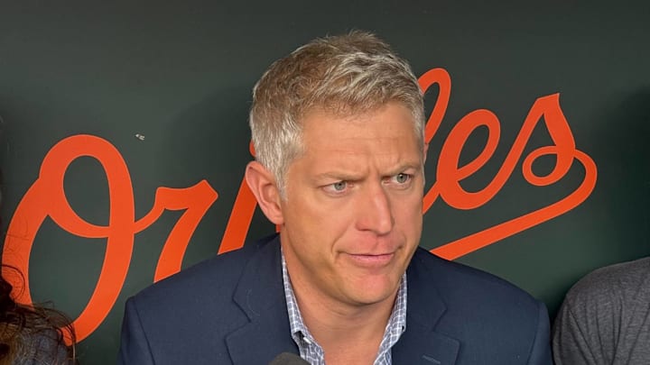Baltimore Orioles general manager Mike Elias speaks to the media.