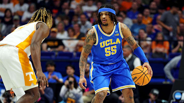 Mar 22, 2025; Lexington, KY, USA; UCLA Bruins guard Skyy Clark (55) handles the ball during the first half against the Tennessee Volunteers in the second round of the NCAA Tournament at Rupp Arena. Mandatory Credit: Jordan Prather-Imagn Images