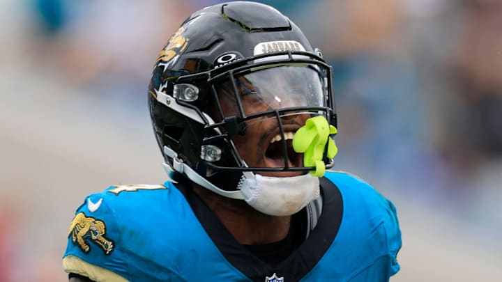 Jacksonville Jaguars running back Tank Bigsby (4) reacts to his touchdown during the third quarter of an NFL football matchup Sunday, Oct. 6, 2024 at EverBank Stadium in Jacksonville, Fla. The Jaguars edged the Colts on a field goal 37-34. [Corey Perrine/Florida Times-Union]