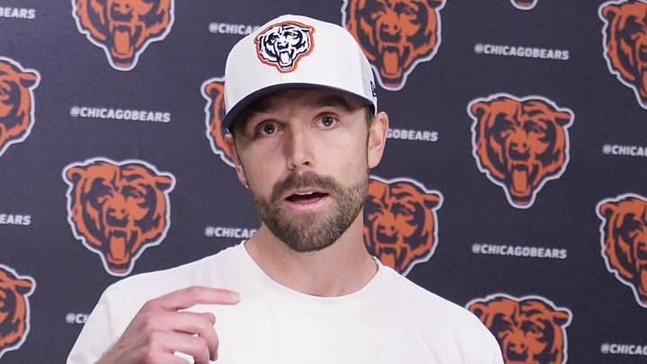 May 10, 2025; Lake Forest, IL, USA; Chicago Bears offensive coordinator Declan Doyle answers questions after rookie minicamp at Halas Hall. Mandatory Credit: David Banks-Imagn Images