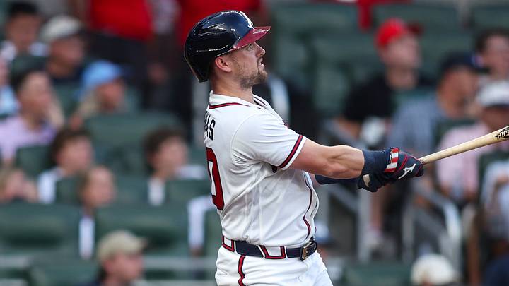 Aug 12, 2026; Atlanta, Georgia, USA; Atlanta Braves left fielder Lane Thomas (20) hits a home run against the New York Mets in the second inning at Truist Park. Mandatory Credit: Brett Davis-Imagn Images
