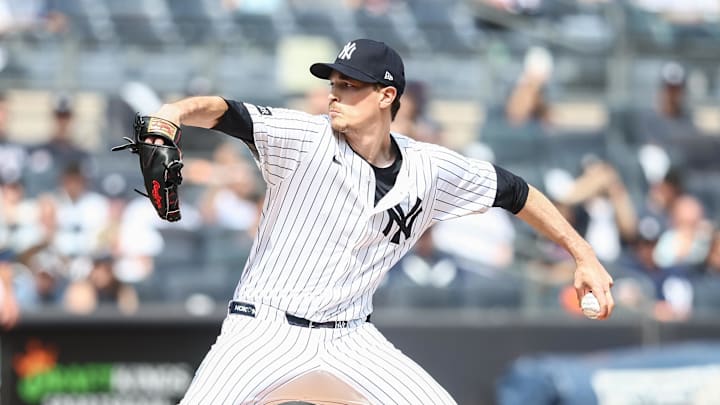 Mar 29, 2025; Bronx, New York, USA; New York Yankees starting pitcher Max Fried (54) pitches in the first inning against the Milwaukee Brewers at Yankee Stadium. 