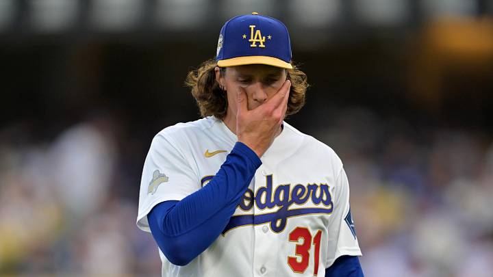 Los Angeles Dodgers pitcher Tyler Glasnow (31) reacts