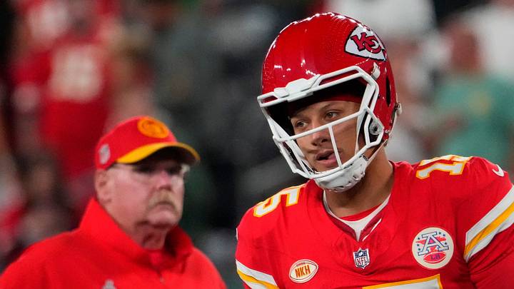 Kansas City Chiefs quarterback Patrick Mahomes (15) and Kansas City Chiefs head coach Andy Reid pre game against the Jets at MetLife Stadium.