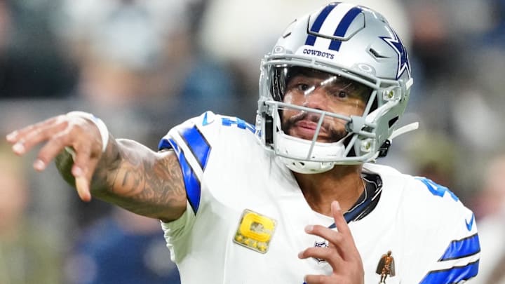 Dallas Cowboys quarterback Dak Prescott throws a pass during the second half against the Las Vegas Raiders. Dallas Cowboys quarterback Dak Prescott throws a pass during the second half against the Las Vegas Raiders.