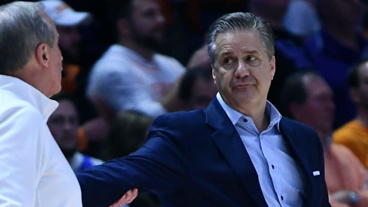 Tennessee coach Rick Barnes and Kentucky coach John Calipari at the end of the NCAA college basketball game between the Wildcats and Volunteers in Knoxville, Tenn. in 2022