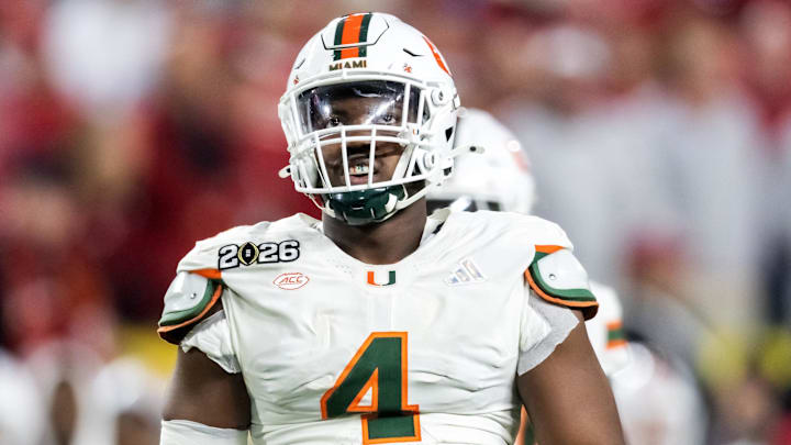 Jan 19, 2026; Miami Gardens, FL, USA; Miami Hurricanes defensive lineman Rueben Bain Jr. (4) against the Indiana Hoosiers during the College Football Playoff National Championship game at Hard Rock Stadium. Mandatory Credit: Mark J. Rebilas-Imagn Images Jan 19, 2026; Miami Gardens, FL, USA; Miami Hurricanes defensive lineman Rueben Bain Jr. (4) against the Indiana Hoosiers during the College Football Playoff National Championship game at Hard Rock Stadium. Mandatory Credit: Mark J. Rebilas-Imagn Images