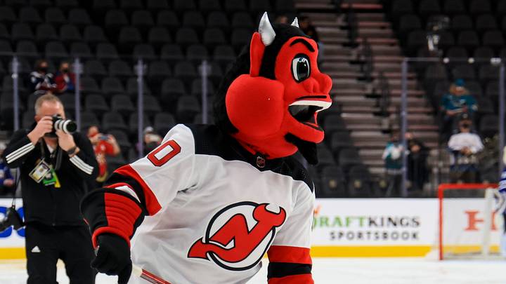 Feb 4, 2022; Las Vegas, Nevada, USA; New Jersey Devils’ mascot NJ Devil skates in the mascot game during the 2022 NHL All-Star Game Skills Competition at T-Mobile Arena. Mandatory Credit: Aaron Doster-USA TODAY Sports Feb 4, 2022; Las Vegas, Nevada, USA; New Jersey Devils’ mascot NJ Devil skates in the mascot game during the 2022 NHL All-Star Game Skills Competition at T-Mobile Arena. Mandatory Credit: Aaron Doster-USA TODAY Sports