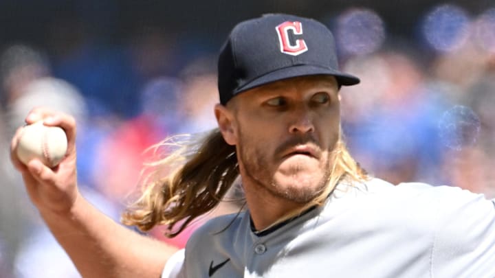 Former Cleveland Guardians starting pitcher Noah Syndergaard (34) throws against the Toronto Blue Jays at the Rogers Centre. 