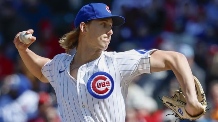 Apr 26, 2025; Chicago, Illinois, USA; Chicago Cubs starting pitcher Ben Brown (32) delivers a pitch against the Philadelphia Phillies during the first inning at Wrigley Field.