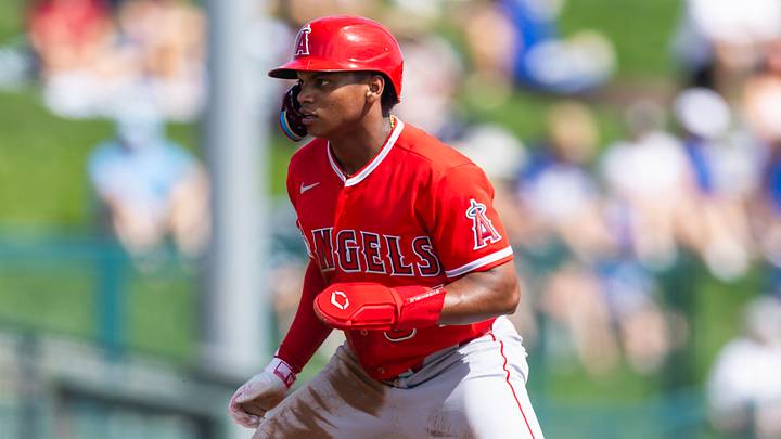 Mar 1, 2026; Phoenix, Arizona, USA; Los Angeles Angels outfielder Nelson Rada against the Los Angeles Dodgers during a spring training game at Camelback Ranch-Glendale. Mandatory Credit: Mark J. Rebilas-Imagn Images