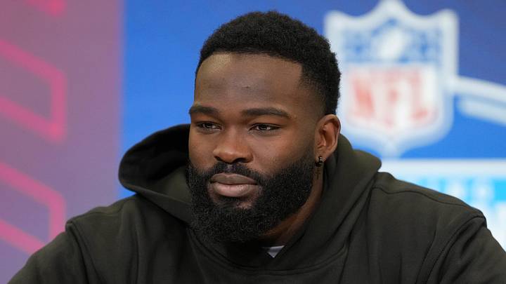 Feb 25, 2026; Indianapolis, IN, USA; Texas A&M defensive lineman Albert Regis (DL26) speaks during the NFL Scouting Combine at the Indiana Convention Center. 